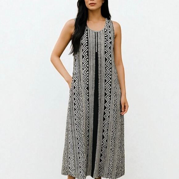 Global Desi Liva Maxi Dress Black White Boho Sleeveless Sustainable Size M - Picture 1 of 11